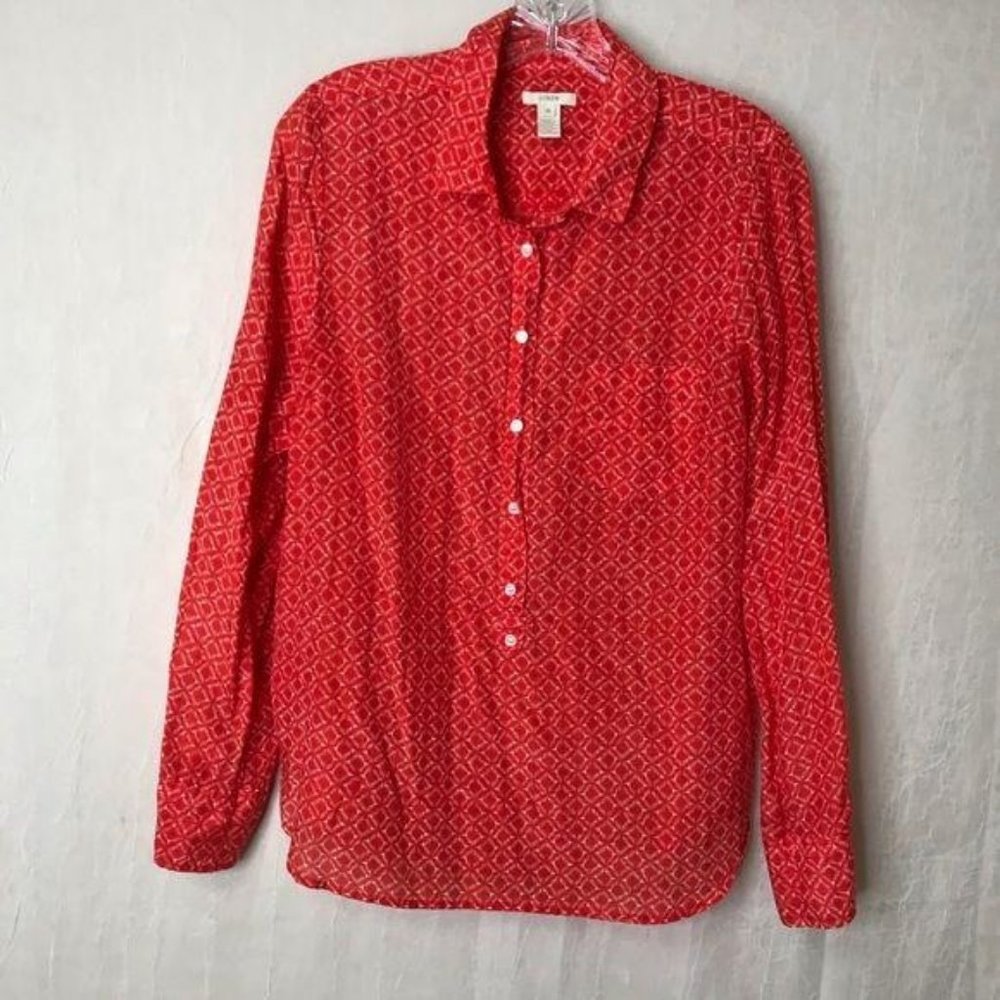 J Crew Red Coral Medium Charise Ikat Print Top